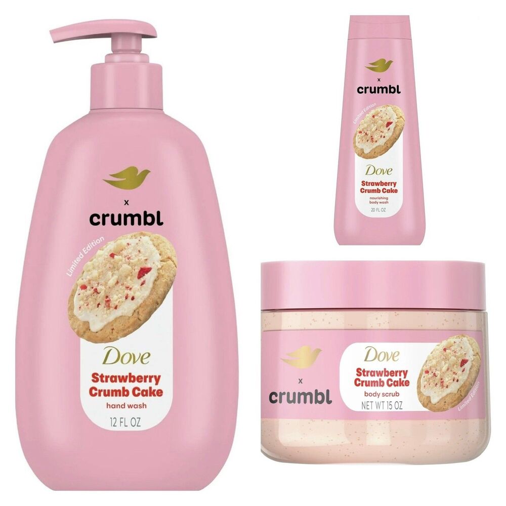 Dove x Crumbl Cookie Body Wash & Hand Wash & Scrub Set Strawberry Crumb Cake New